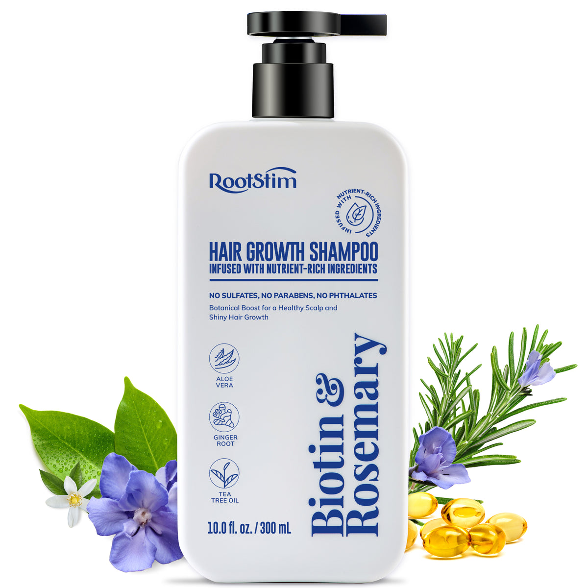 RootStim Hair Growth Shampoo bottle with fresh rosemary sprigs and botanical ingredients